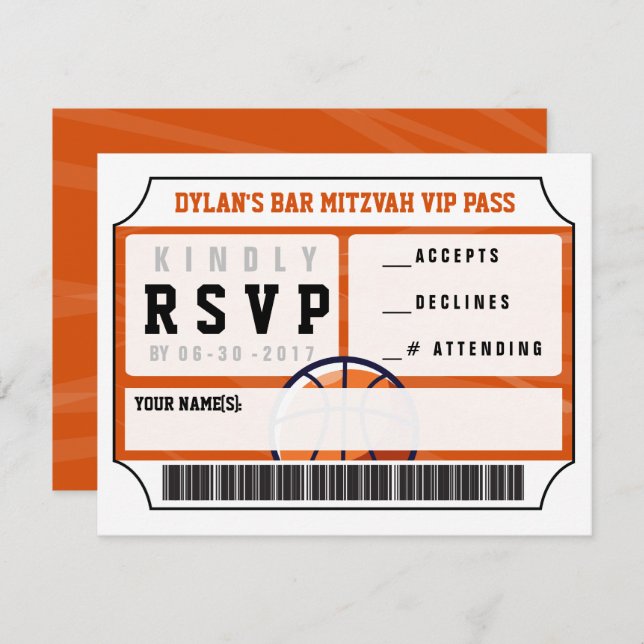 CARTE DE RÉPONSE VIP BASKETBALL Bar Bat Mitzvah (Devant / Derrière)