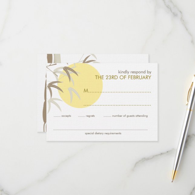 Carte de réponse Zen Bambou Soleil Levant Jaune (Devant/Arrière en situation)