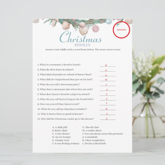 Carte de réponses du jeu de devinettes de Noël côt (Debout devant)
