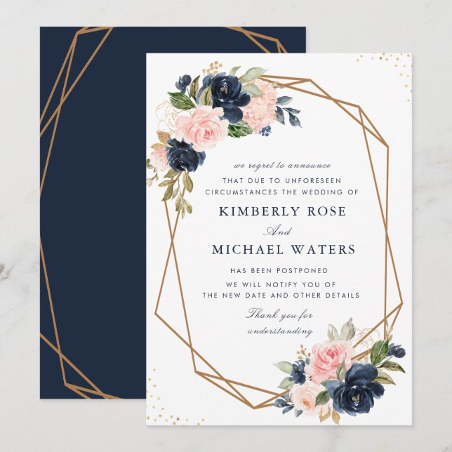 Carte de report de mariage à fleurs marine et rose (Devant / Derrière)