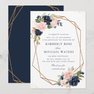 Carte de report de mariage à fleurs marine et rose