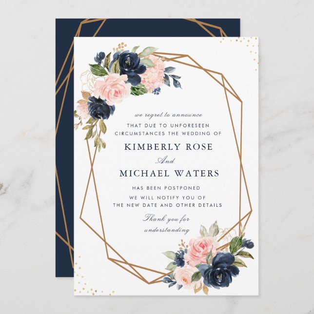 Carte de report de mariage à fleurs Navy et blush (Devant / Derrière)