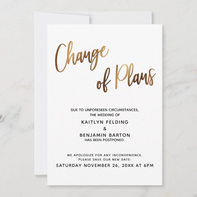 Carte de report de mariage Changement de plans Or (Devant)