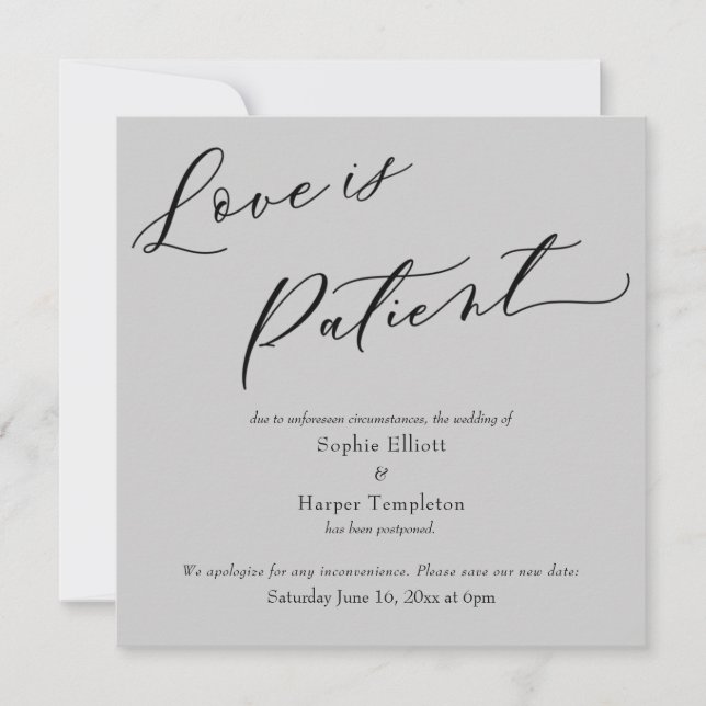 Carte de report de mariage gris "L'amour est patie (Devant)