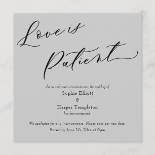 Carte de report de mariage gris "L'amour est patie