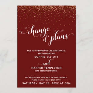 Carte de report de mariage Or & Rouge Changement d