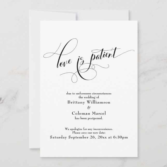 Carte de report élégant blanc Amour est patient (Devant)