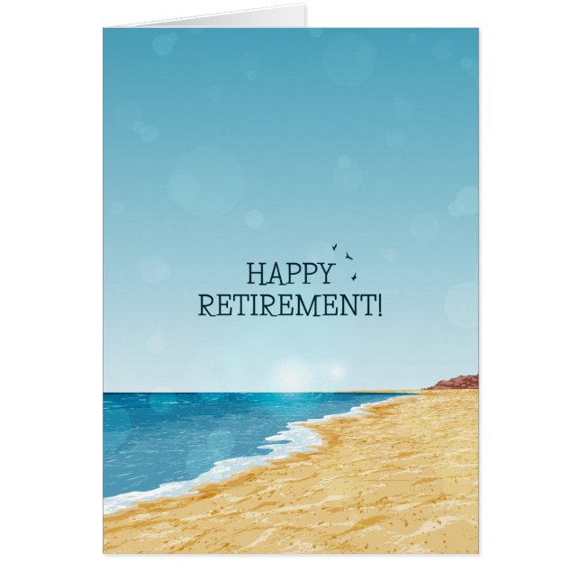 Carte de retraite heureuse avec plage, mer et ciel (Devant)
