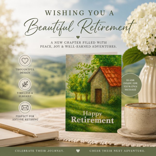 Carte de retraite heureuse | Paysage de cottage pa (Peaceful countryside retirement card celebrating a beautiful new chapter with warmth and elegance)