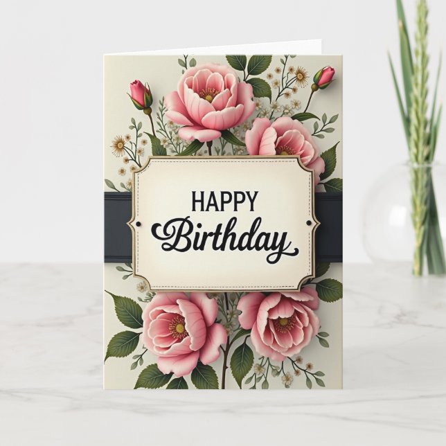 Carte de rose d'anniversaire ornée (Devant)