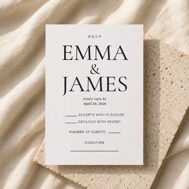 Carte de RSVP de luxe à typographie verticale modi (Oversized names and editorial typography create a timeless RSVP card inspired by luxury fashion magش)