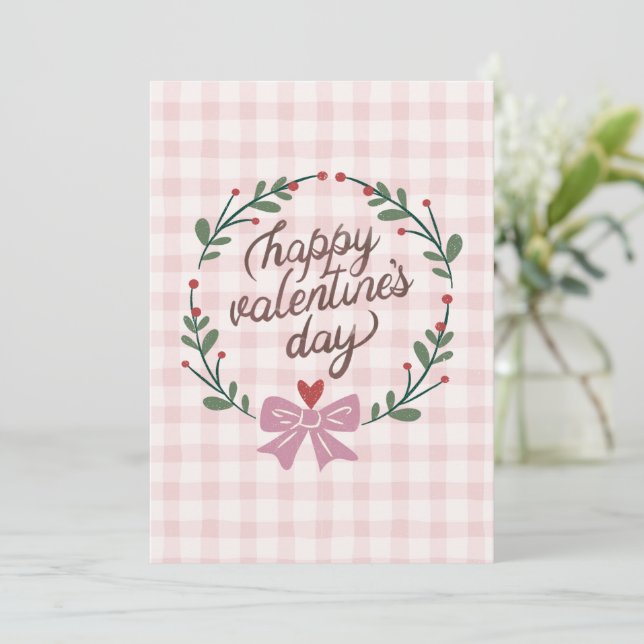 carte de Saint-Valentin rose à carreaux mignonne (Debout devant)