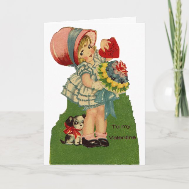 Carte de Saint-Valentin Vintage Fille avec Chien (Devant)