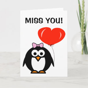 Carte de salutation Miss you manchot avec ballon