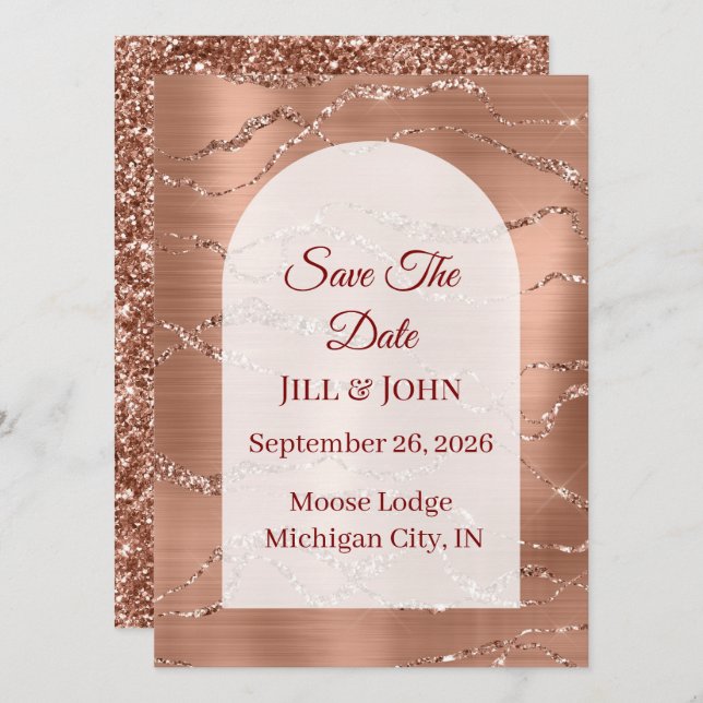Carte de sauvegarde de date arquée rose gold pour  (Devant / Derrière)