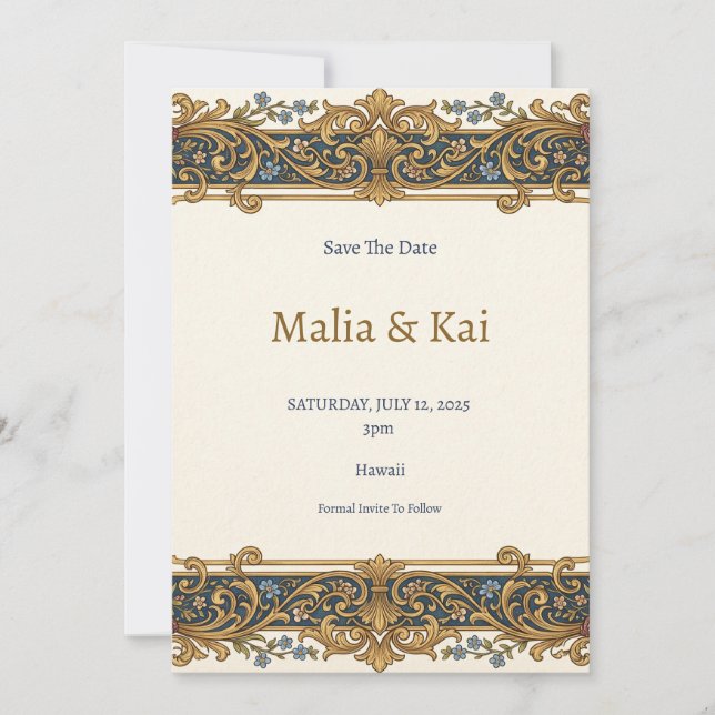 Carte de sauvegarde de date Blue Gold Baroque (Devant)