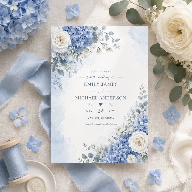 Carte de sauvegarde de date Blue Hydrangea (Elegant Save the Date card with timeless blue hydrangea watercolor florals.)