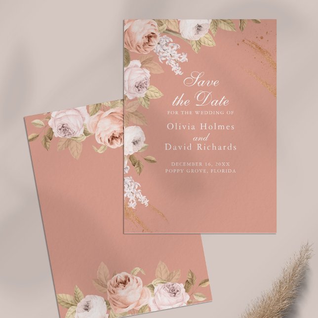 Carte de sauvegarde de date Boho Pink Peonies (Boho Pink Peonies Save the Date Card on a table)