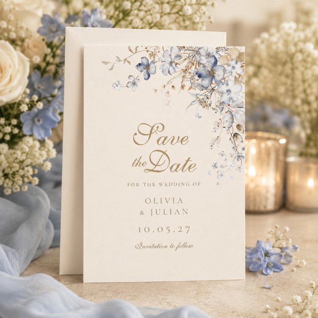 Carte de sauvegarde de date botanique bleu poussié (Dusty Blue Botanical Save the Date Card)