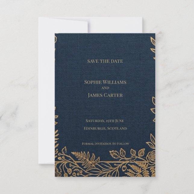 Carte de sauvegarde de date botanique Navy Gold (Devant)
