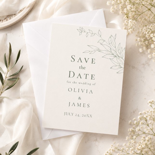 Carte de sauvegarde de date botanique sage moderne (Modern Sage Botanical Save the Date Card on an elegant table with tiny flowers)