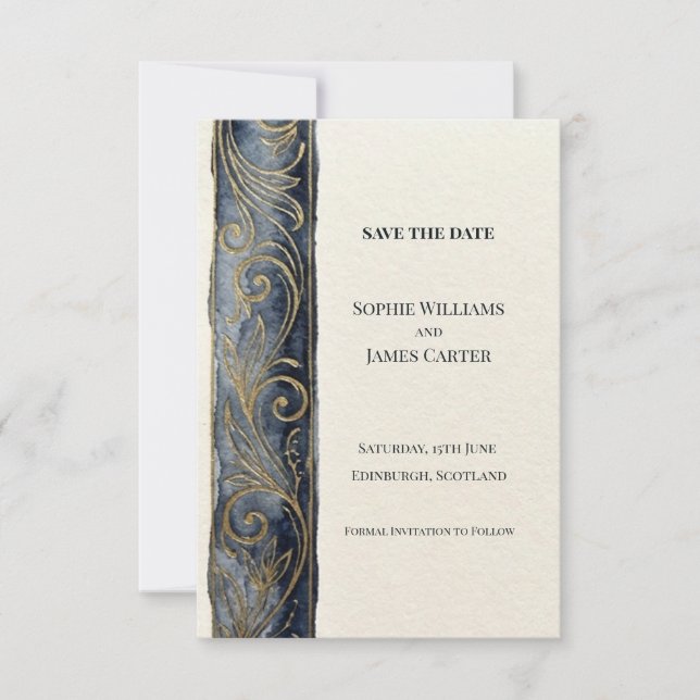 Carte de sauvegarde de date Charcoal Gold Scroll (Devant)