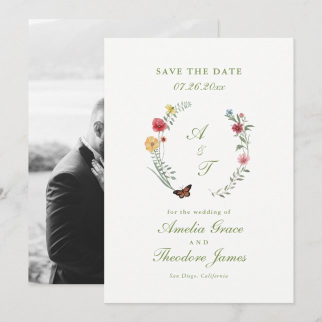 Carte de sauvegarde de date de mariage à fleurs sa (Devant / Derrière)