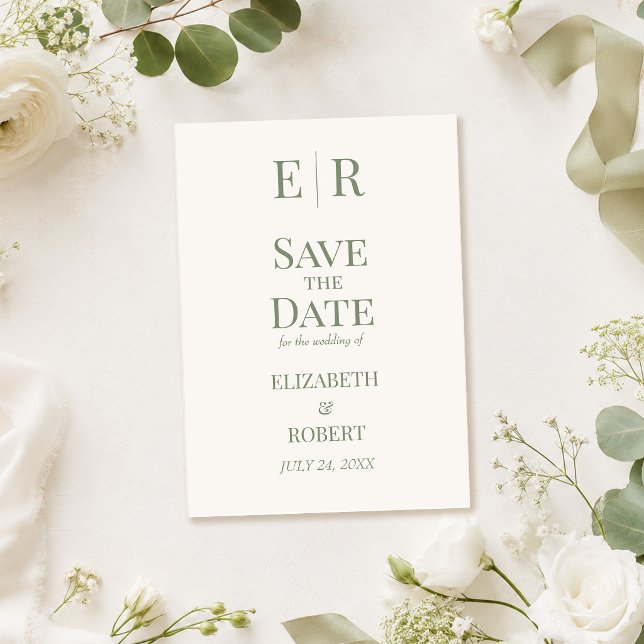 Carte de sauvegarde de date de mariage à monogramm (White & Olive Monogram Save the Date Card on a table with white roses)