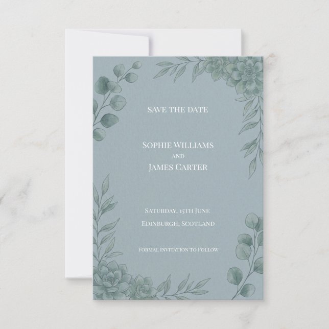 Carte de sauvegarde de date de mariage au eucalypt (Devant)