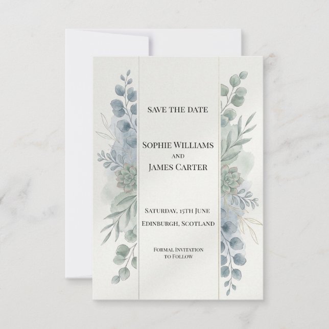 Carte de sauvegarde de date de mariage au eucalypt (Devant)