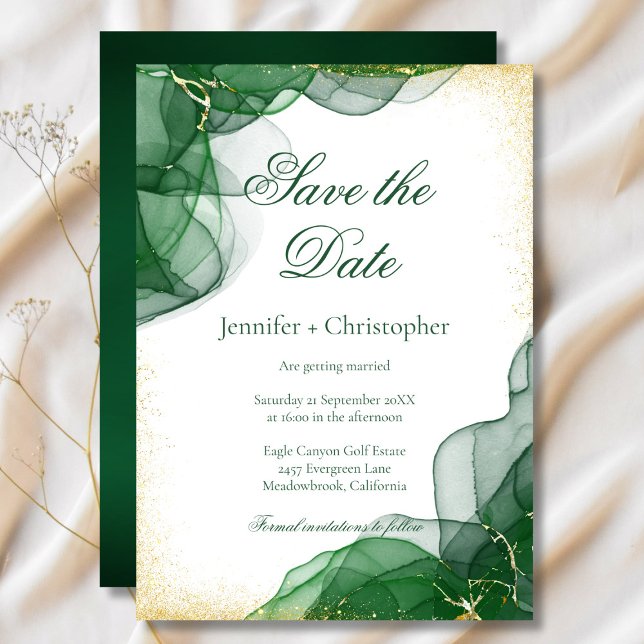 Carte de sauvegarde de date de mariage en marbre v (White Emerald Green Gold Marble Save The Date Card)