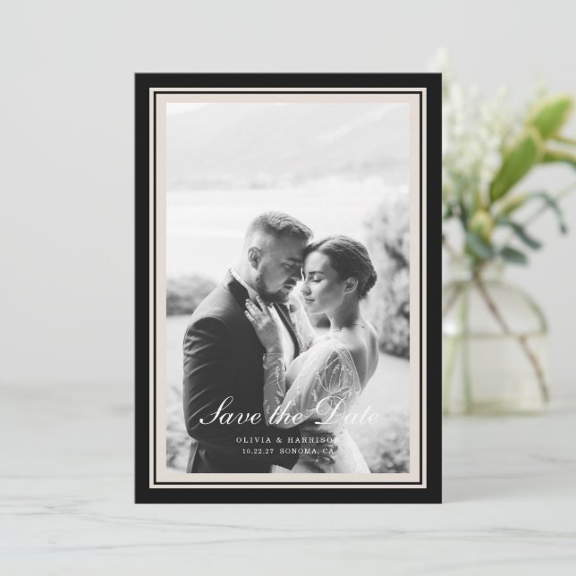 Carte de sauvegarde de date de mariage en noir-tie (Debout devant)