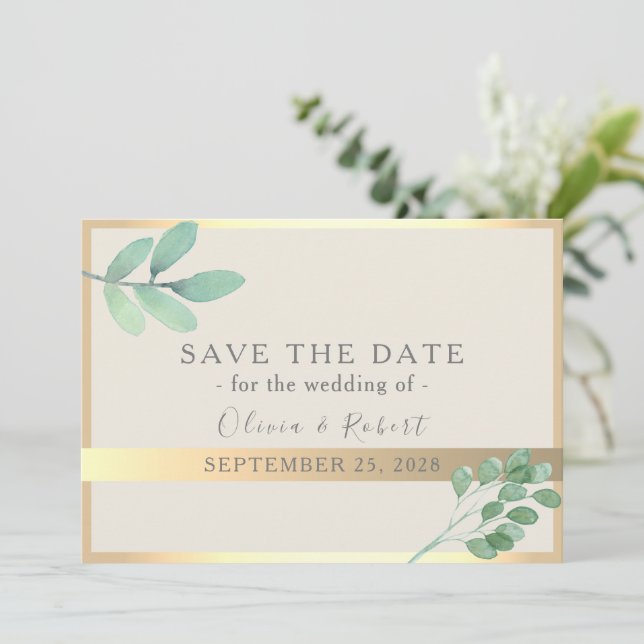Carte de sauvegarde de date de mariage en or botan (Debout devant)
