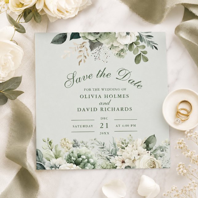 Carte de sauvegarde de date de mariage Fleurie Ver (Soft Sage Green Floral Save The Date Card)