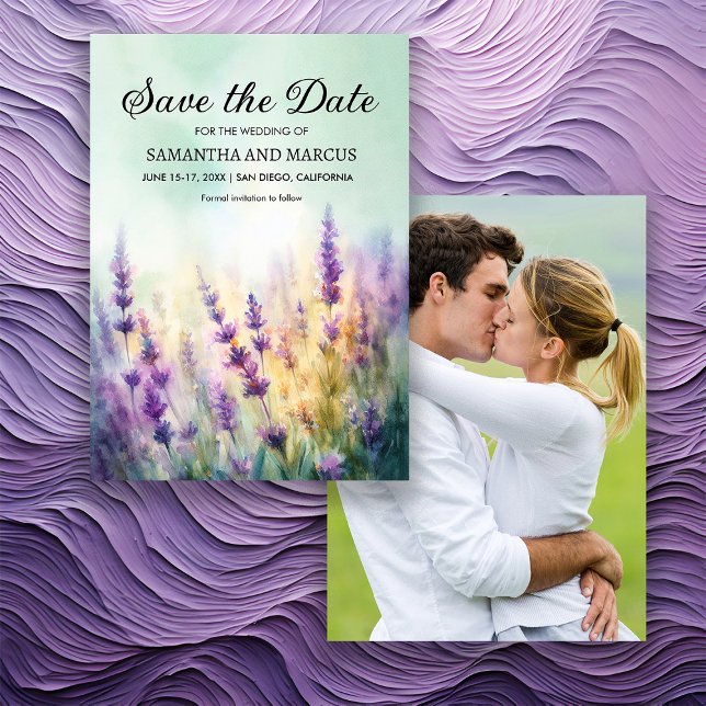 Carte de sauvegarde de date de mariage floral à la (Purple lavender floral springtime/summer wedding Save the Date photo card)