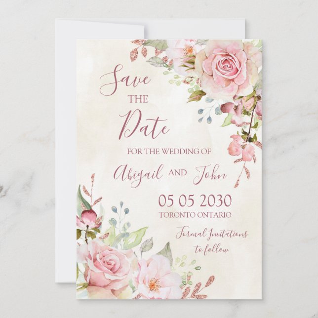 Carte de sauvegarde de date de mariage florale ros (Devant)