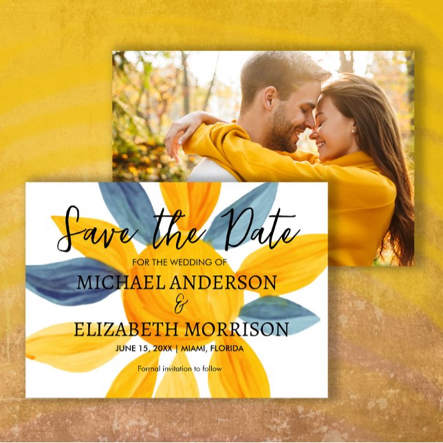Carte de sauvegarde de date de mariage photo bleu  (Yellow and blue watercolor wedding photo Save the Date)