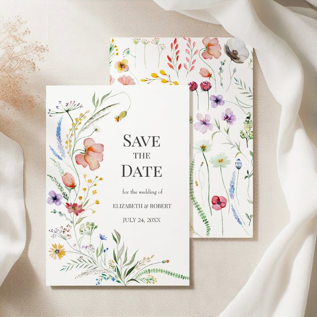Carte de sauvegarde de date de mariage Prairie fle (Boho Watercolor Wildflowers Save The Date Card on elegant silky tableclothes)