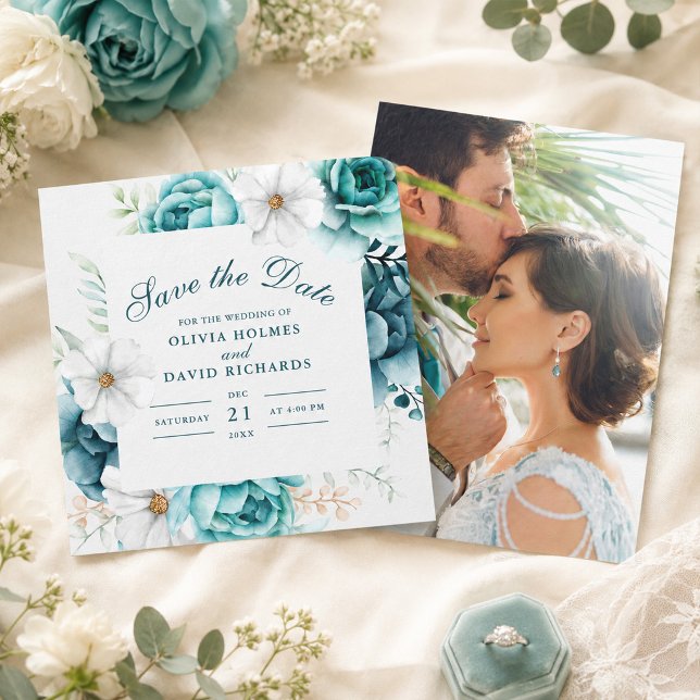 Carte de sauvegarde de date de photo de fleur sauv (Teal Wildflower Photo Save the Date Card)