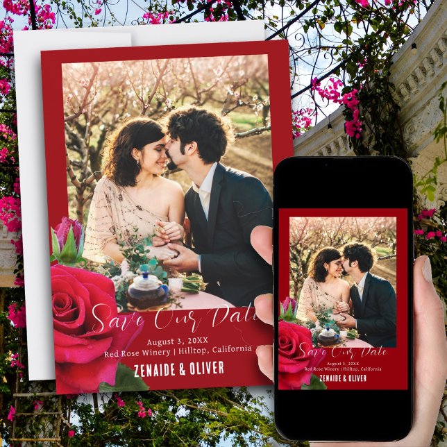 Carte de sauvegarde de date de photo de rose rouge (Créateur téléchargé)