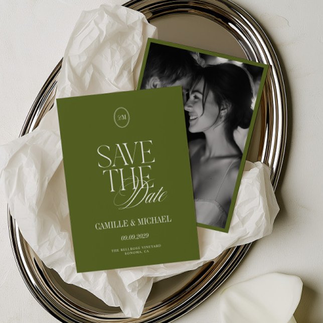 Carte de sauvegarde de date de photo vert olive él (Elegant Olive Green Photo Save the Date Card)