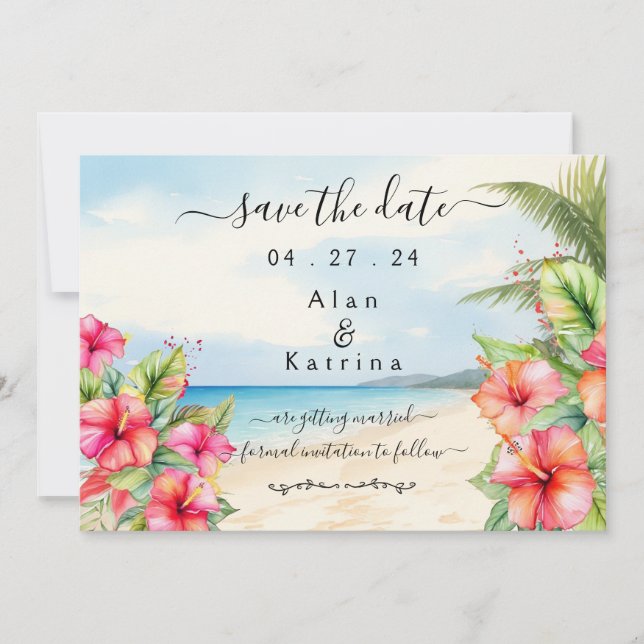 Carte de sauvegarde de date de plage de Hibiscus t (Devant)