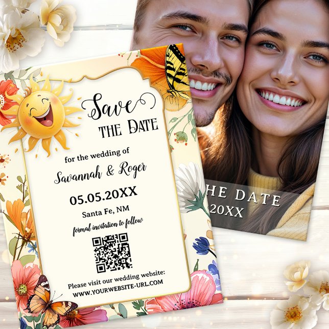 Carte de sauvegarde de date de printemps de fleur  (Save the Date card featuring a whimsical watercolor wildflower design with laughing sun. Plus photo)
