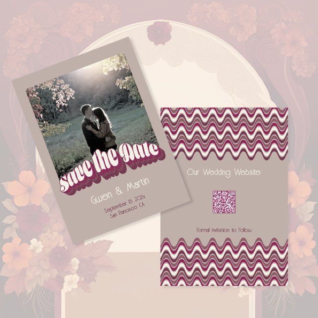 Carte de sauvegarde de date de style rétro des ann (Seventies Wedding theme, Save-the-Date Flat Photo Card with QR Code)