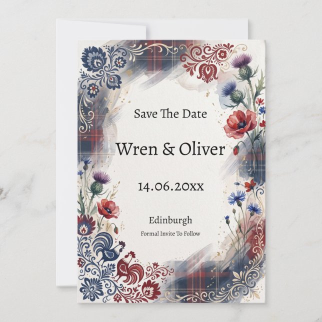 Carte de sauvegarde de date de tartan de fleur sau (Devant)