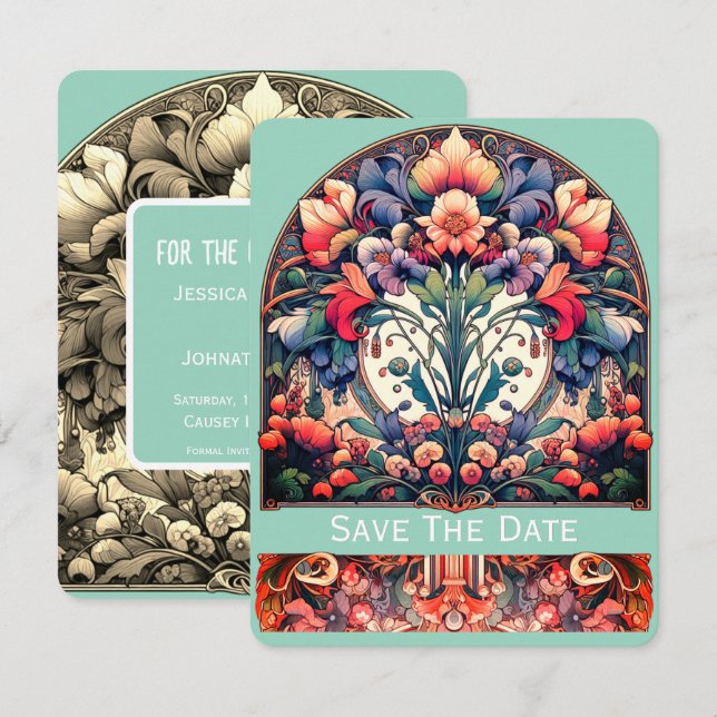 Carte de sauvegarde de date de teinte Mucha Style (Devant / Derrière)