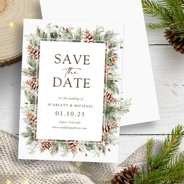 Carte de sauvegarde de date de vacances d'hiver (Winter Holiday Pine Greenery Save The Date Card by Painted Paperie
)