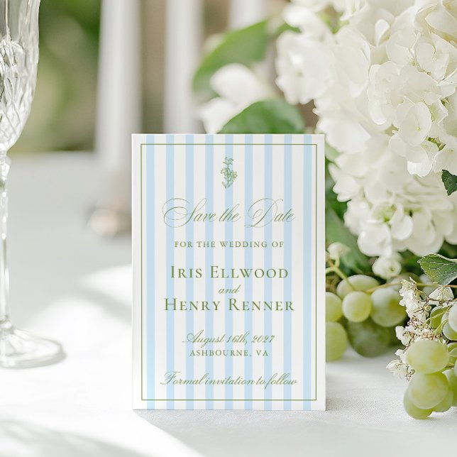 Carte de sauvegarde de date élégante classique Sag (Elegant Classic Sage & Blue Save The Date Card)