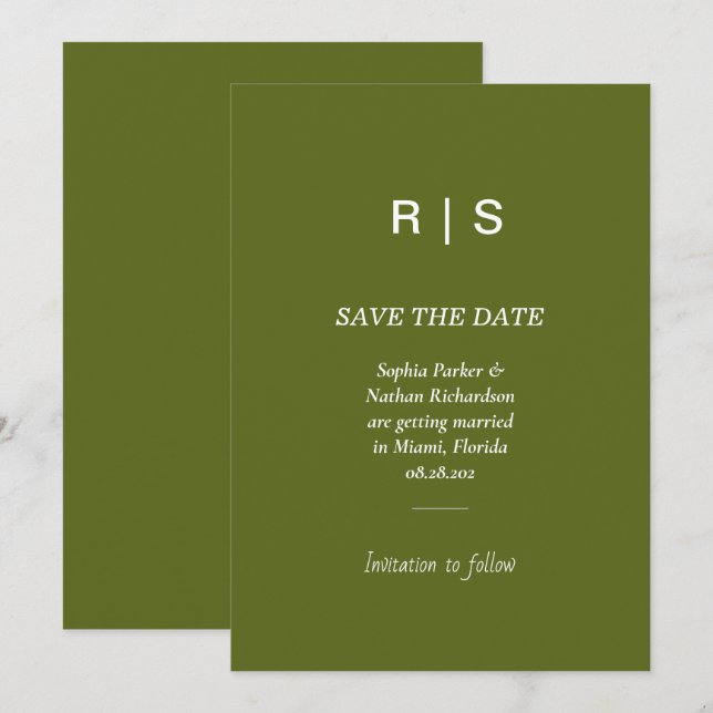 Carte de sauvegarde de date en monogramme vert sau (Devant / Derrière)