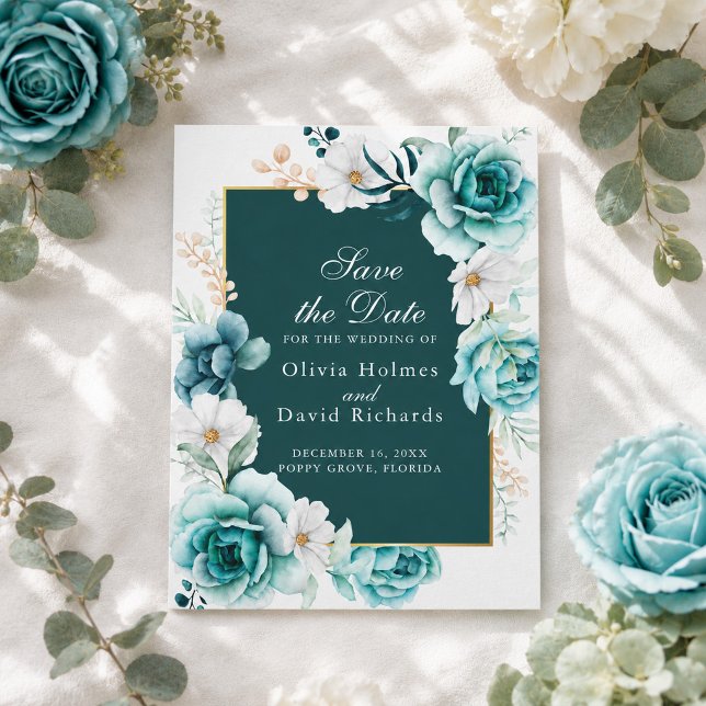 Carte de sauvegarde de date en panneau sarcelle |  (Teal Panel Save the Date | Wildflower)